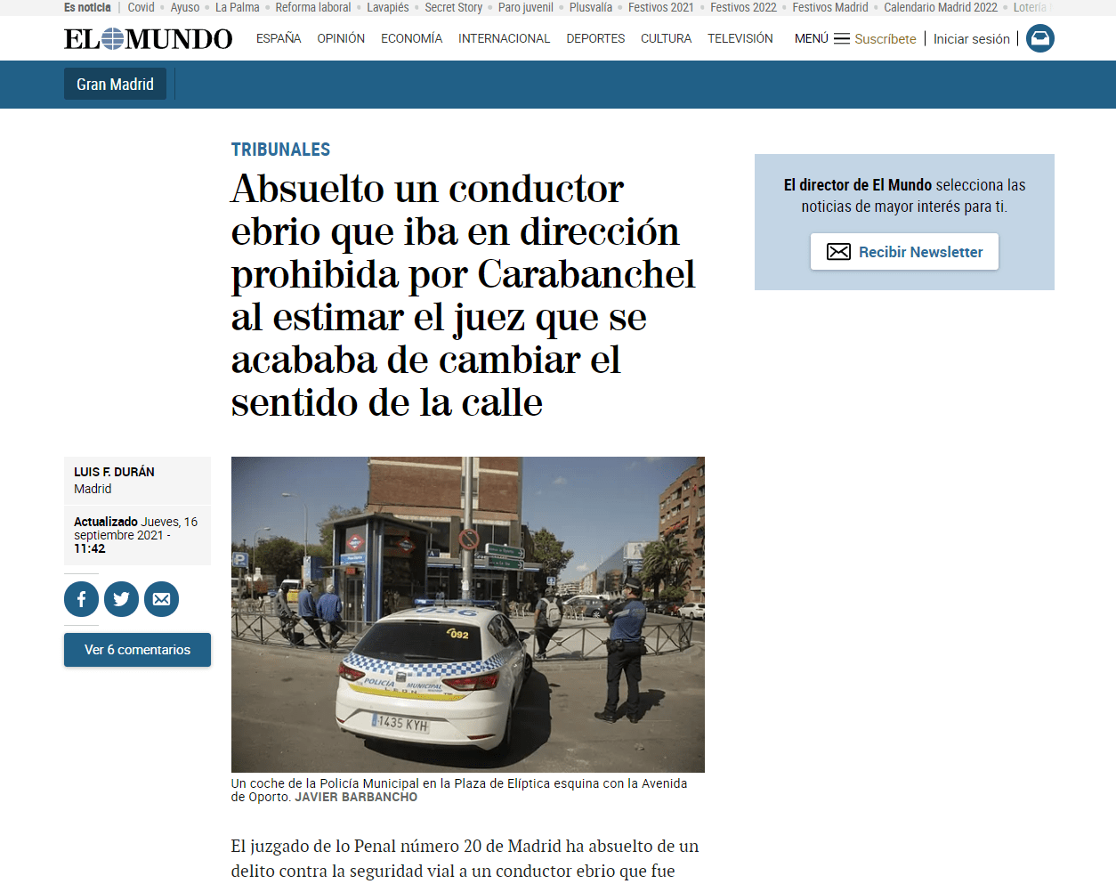 Absuelto un conductor ebrio que iba en dirección prohibida por Carabanchel al estimar el juez que se acababa de cambiar el sentido de la calle