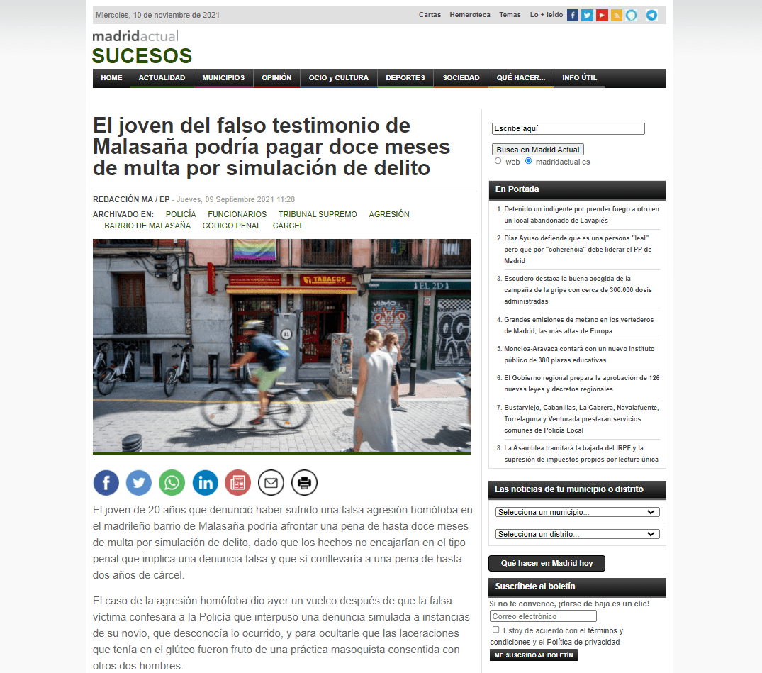 El joven del falso testimonio de Malasaña podría pagar doce meses de multa por simulación de delito